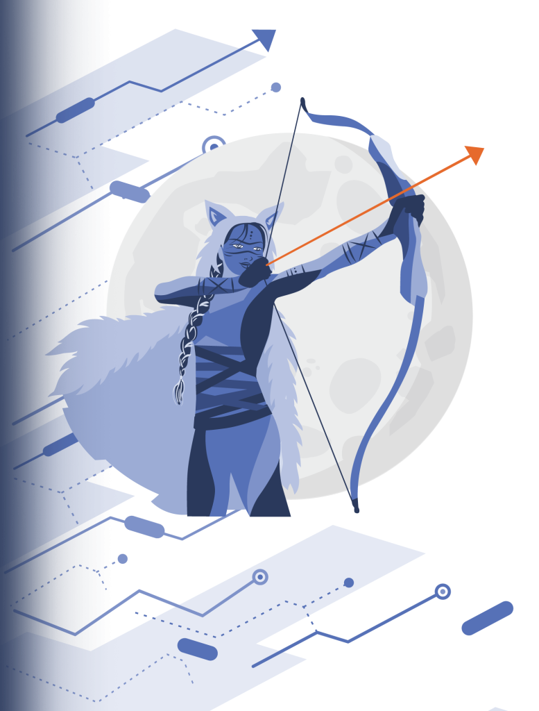 The SKADI Cyberdefense huntress icon which represents Frostbow™ SKADI’s autonomous defense platform.