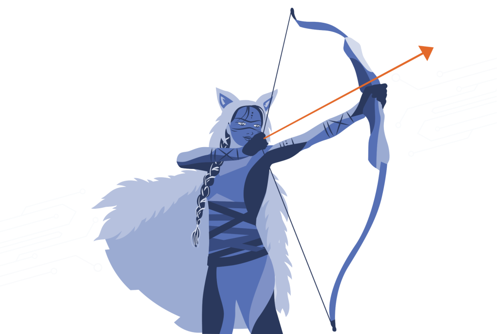The SKADI Cyberdefense huntress icon which represents Frostbow™ SKADI’s autonomous defense platform.