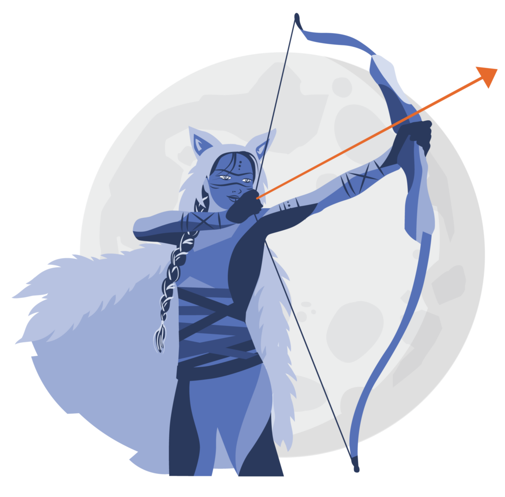 The SKADI Cyberdefense huntress icon which represents Frostbow™ SKADI’s autonomous defense platform.